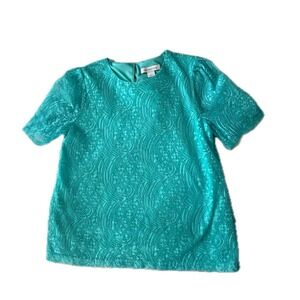 Vintage 90s Womens Lace Short Sleeve Blouse Turquoise Blue Crew Neck Lined Small